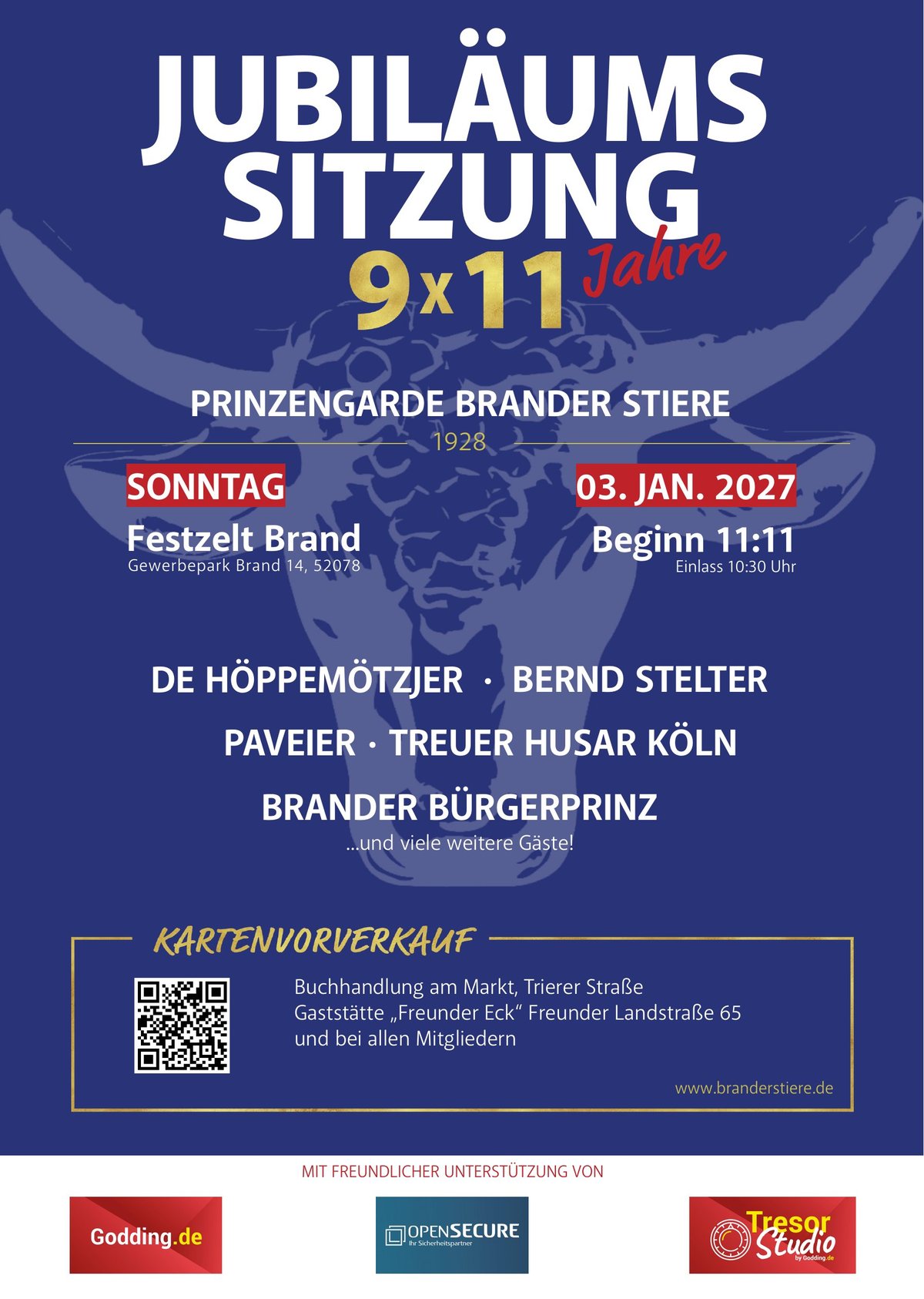Plakat der Jubiläumssitzung 9 × 11 Jahre – 03. Januar 2027 im Festzelt Brand